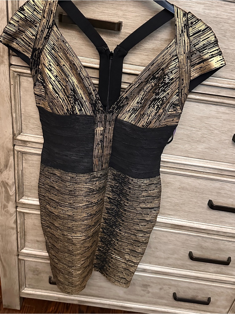 Gold and Black V-Neck Bodycon Dress